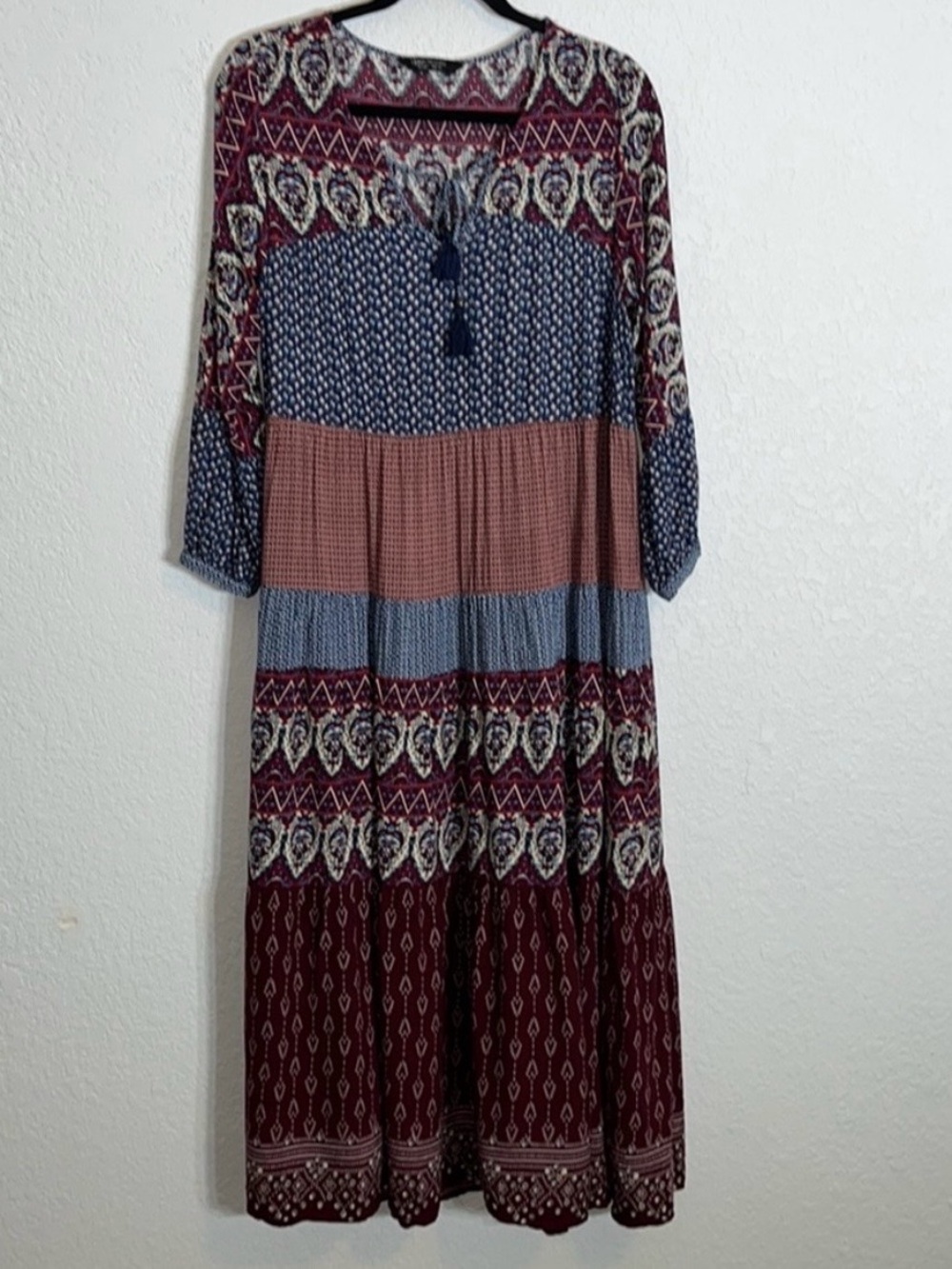 Urban Renewal boho mixed media 3/4 sleeve v-neck tassel tie midi dress Gypsy